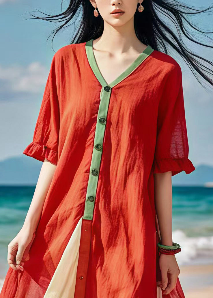 Boho Red V Neck Patchwork Cotton Beach Dress Summer