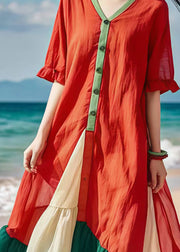 Boho Red V Neck Patchwork Cotton Beach Dress Summer