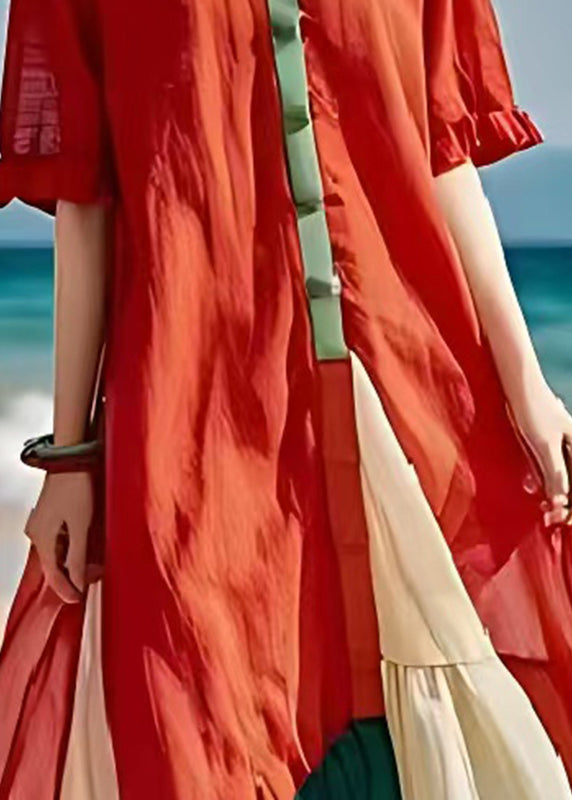 Boho Red V Neck Patchwork Cotton Beach Dress Summer