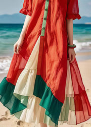 Boho Red V Neck Patchwork Cotton Beach Dress Summer