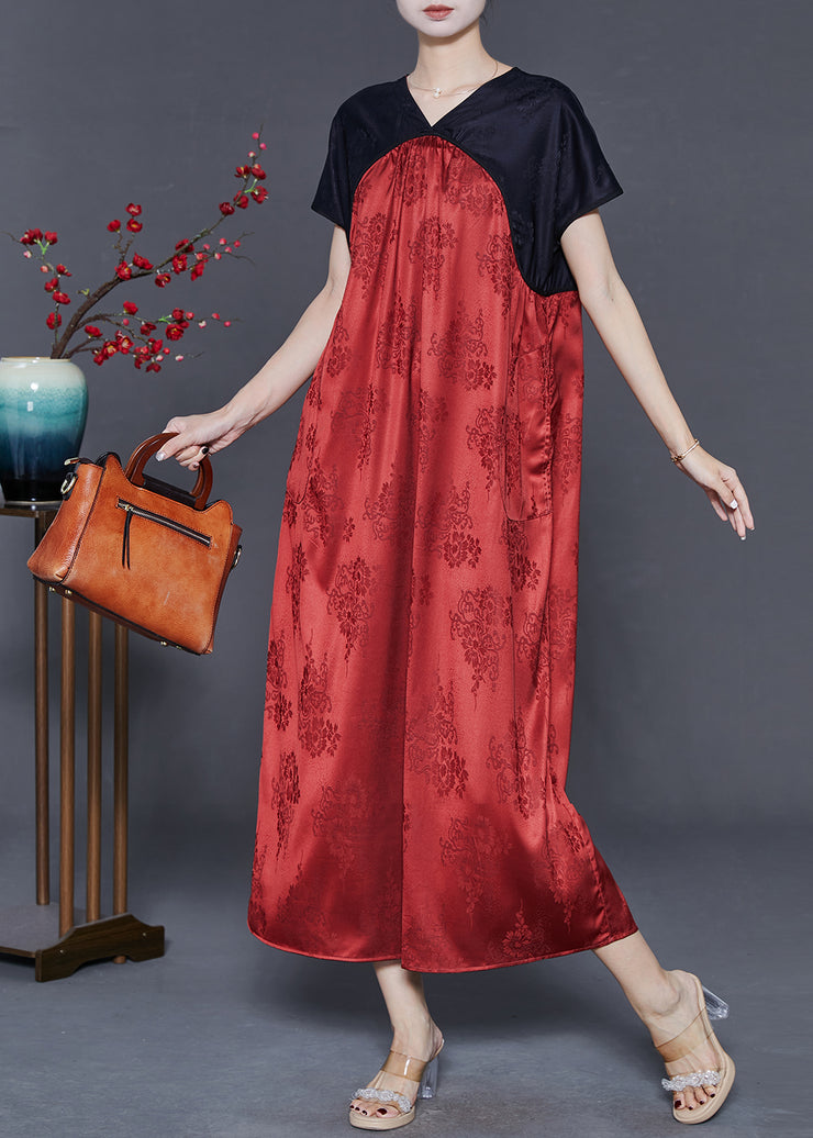 Boho Red V Neck Patchwork Silk Dresses Summer