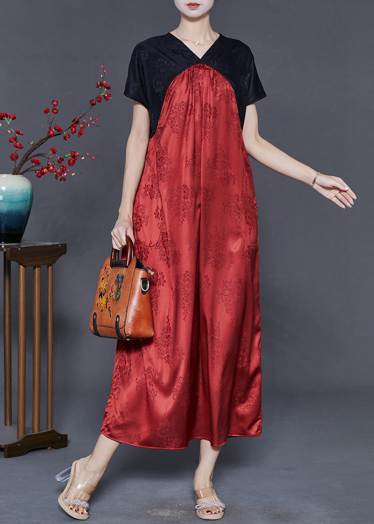 Boho Red V Neck Patchwork Silk Dresses Summer