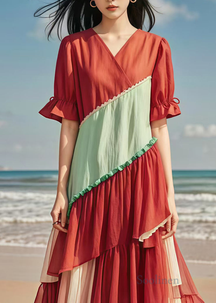 Boho Red V Neck Patchwork Tulle Cotton Long Dress Summer