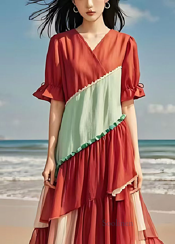 Boho Red V Neck Patchwork Tulle Cotton Long Dress Summer