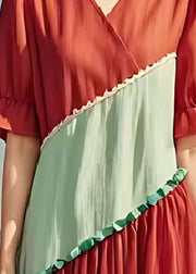 Boho Red V Neck Patchwork Tulle Cotton Long Dress Summer