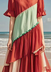 Boho Red V Neck Patchwork Tulle Cotton Long Dress Summer