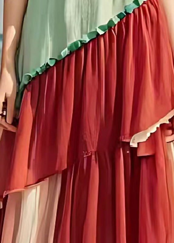 Boho Red V Neck Patchwork Tulle Cotton Long Dress Summer