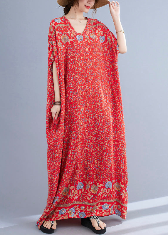 Boho Red V Neck Print Cotton Holiday Long Dress Summer