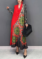 Boho Red V Neck Print Patchwork Cotton Long Dresses Fall