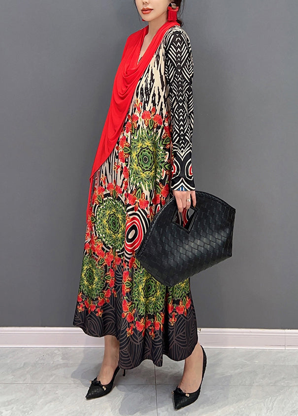 Boho Red V Neck Print Patchwork Cotton Long Dresses Fall