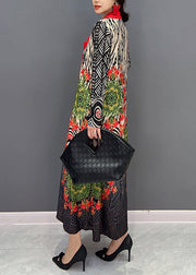 Boho Red V Neck Print Patchwork Cotton Long Dresses Fall