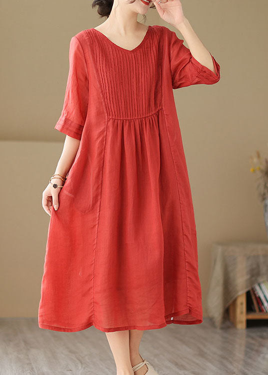 Boho Red V Neck Wrinkled Patchwork Linen Dress Summer