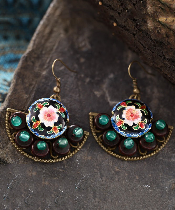 Boho Retro Floral Green Jade Patchwork Drop Earrings