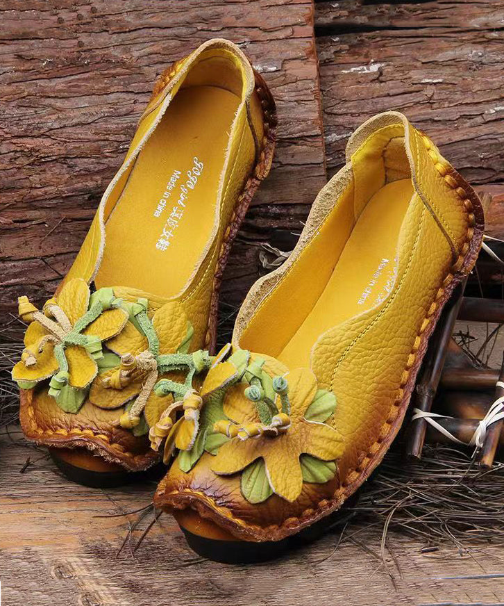 Boho Retro Splicing Flats Yellow Faux Leather Floral soolinen shoes-20251