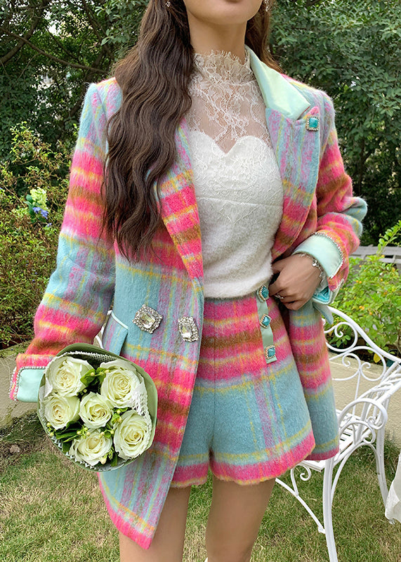 Boho Rose Notched Plaid Button Woolen Coats And Skirts Two Pieces Set Spring