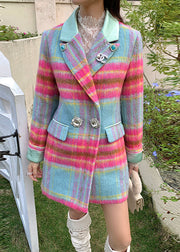 Boho Rose Notched Plaid Button Woolen Coats And Skirts Two Pieces Set Spring