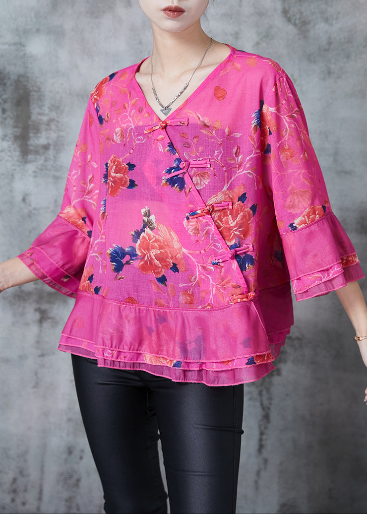 Boho Rose Print Cotton Oriental Blouse Tops Spring