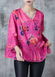 Boho Rose Print Cotton Oriental Blouse Tops Spring