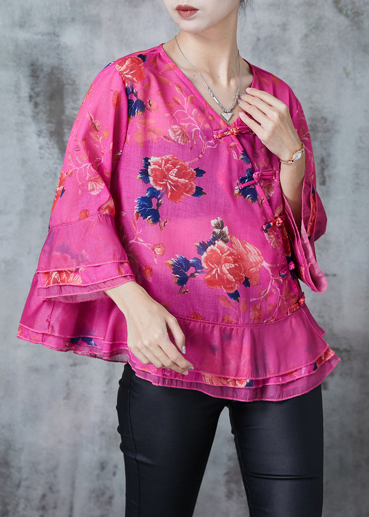 Boho Rose Print Cotton Oriental Blouse Tops Spring