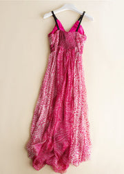 Boho Rose Print Wrinkled Patchwork Silk Spaghetti Strap Dress Sleeveless