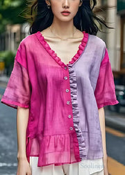 Boho Rose Ruffled Patchwork Cotton Shirt Summer