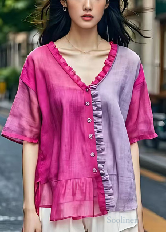 Boho Rose Ruffled Patchwork Cotton Shirt Summer