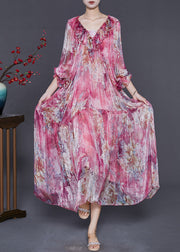 Boho Rose Ruffles Print Silk Party Dress Spring