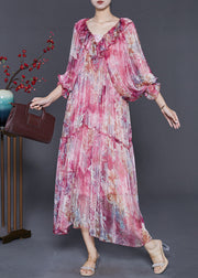 Boho Rose Ruffles Print Silk Party Dress Spring