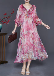 Boho Rose Ruffles Print Silk Party Dress Spring