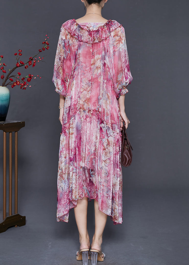 Boho Rose Ruffles Print Silk Party Dress Spring