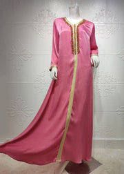 Boho Rose V Neck Lace Patchwork Zircon Velour Maxi Dress Long Sleeve