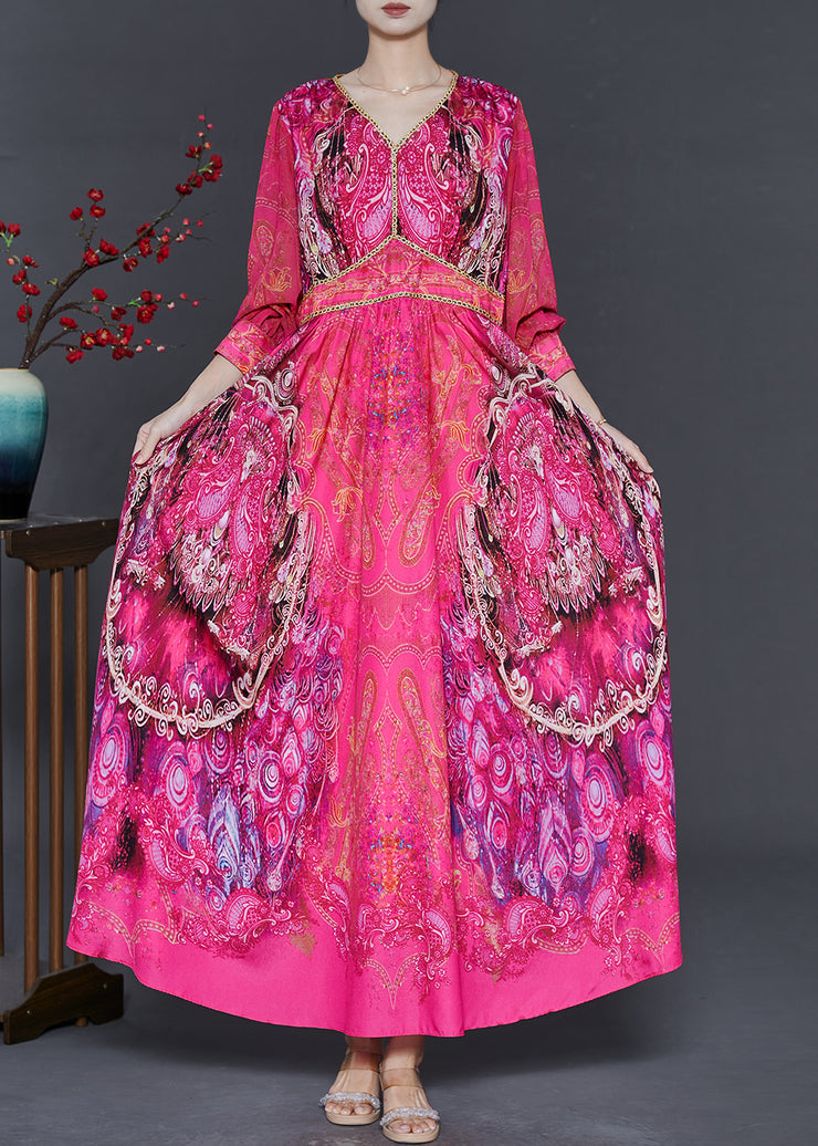 Boho Rose V Neck Print Chiffon Ethnic Style Dress Fall