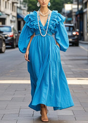 Boho Royal Blue Ruffled Cotton Robe Dresses Spring