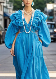 Boho Royal Blue Ruffled Cotton Robe Dresses Fall