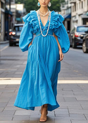 Boho Royal Blue Ruffled Cotton Robe Dresses Spring