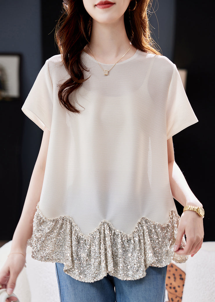 Boho Short Sleeve Apricot O-Neck Sequins Patchwork