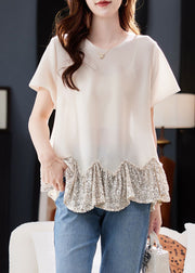 Boho Short Sleeve Apricot O-Neck Sequins Patchwork