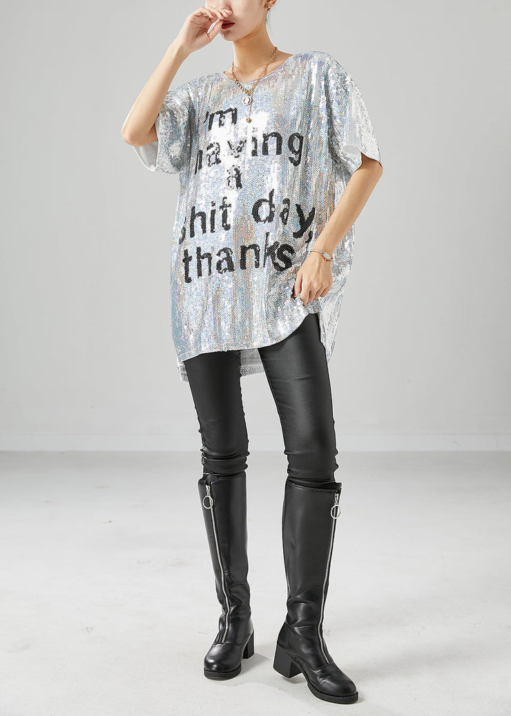 Boho Silver Sequins Oversized Letter Print Tanks Summer