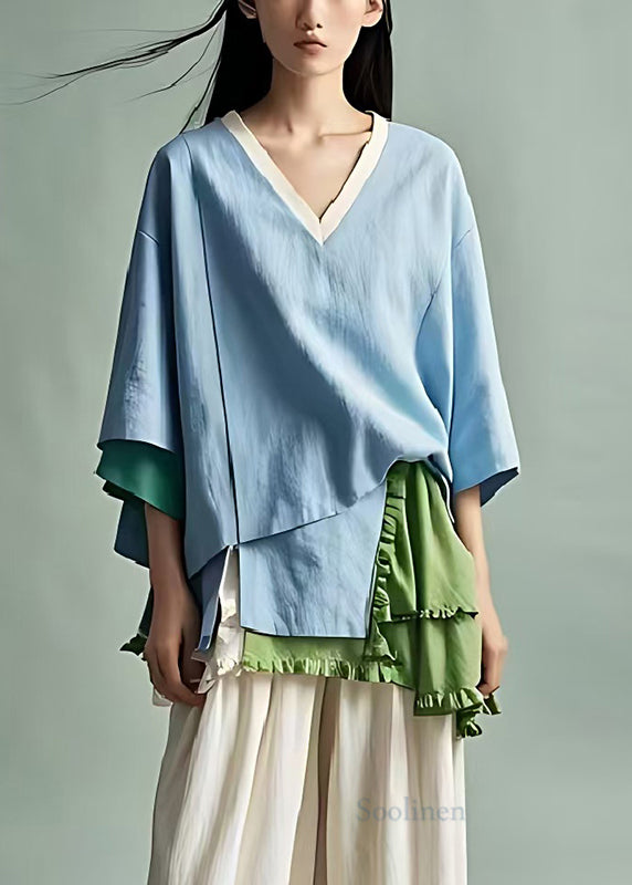 Boho Sky Blue Asymmetrical Patchwork Cotton Blouses Summer