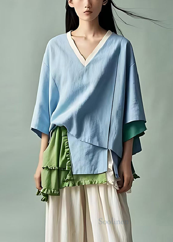 Boho Sky Blue Asymmetrical Patchwork Cotton Blouses Summer