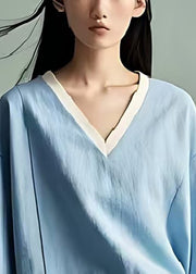 Boho Sky Blue Asymmetrical Patchwork Cotton Blouses Summer