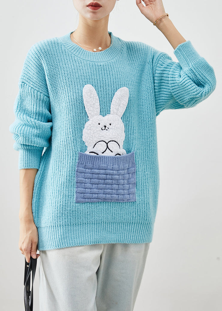 Boho Sky Blue Thick Patchwork Rabbit Knitted Tops Winter