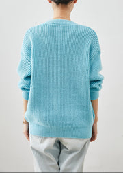 Boho Sky Blue Thick Patchwork Rabbit Knitted Tops Winter