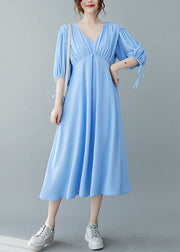 Boho Solid Blue V Neck Wrinkled Chiffon Long Dresses Bracelet Sleeve