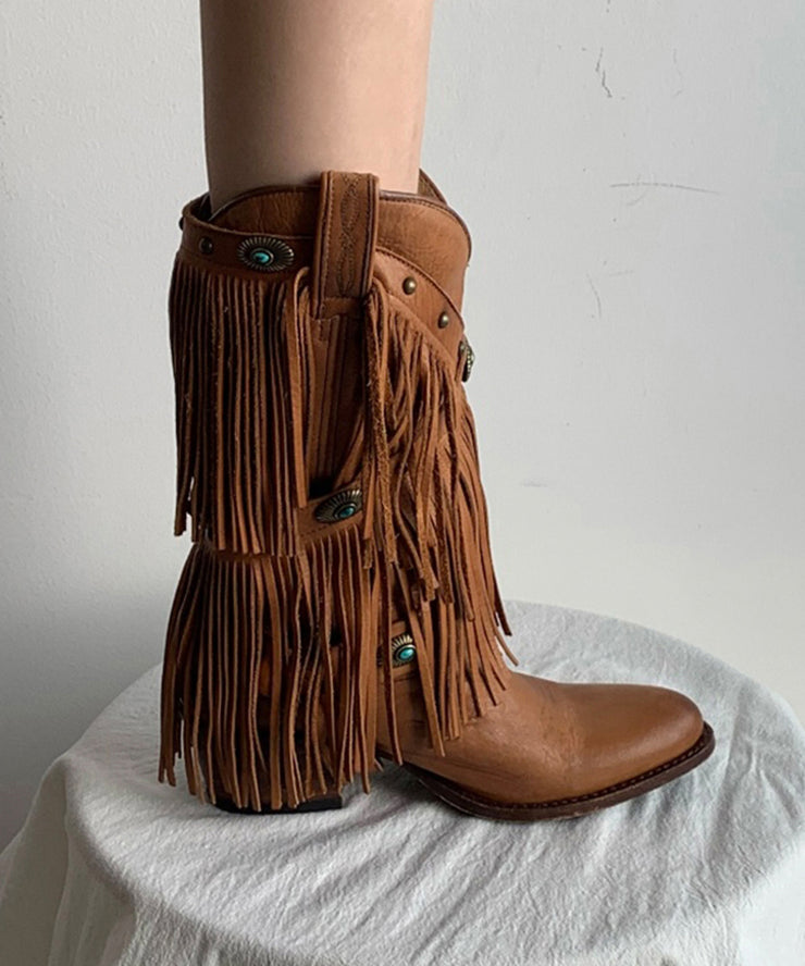 Boho Splicing Chunky Cowgirl Boots Tassel Cowhide Leather