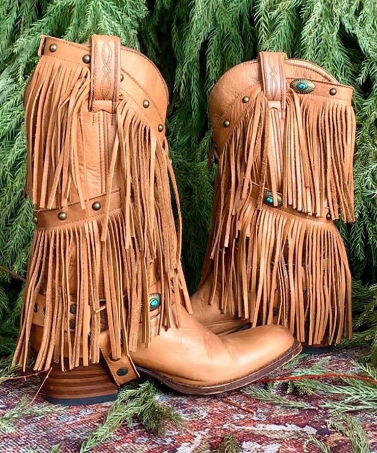 Boho Splicing Chunky Cowgirl Boots Tassel Cowhide Leather