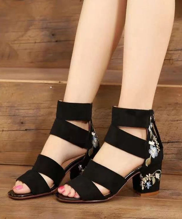 Boho Splicing Peep Toe Chunky Sandals Black Velour Embroidery