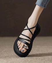 Boho Splicing Platform Sandals Black Cowhide Leather Peep Toe