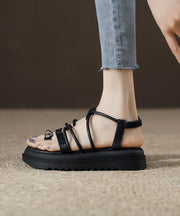 Boho Splicing Platform Sandals Black Cowhide Leather Peep Toe