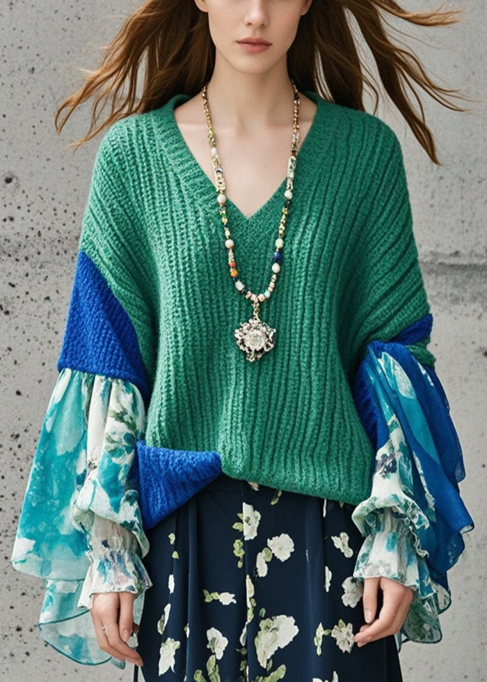 Boho Tea Green V Neck Patchwork Print Sweater Tops Fall